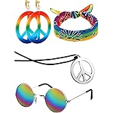 Hicarer 4 Pcs Hippie Costume Accessories 70s Hippie Headband and Peace Sign Earrings Necklace Rainbow Sunglasses for Women Men