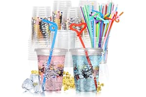 RIKICACA 16 oz Movie Night Party Cups with Lids and Straws Clear Plastic Party Favor Cups for Snack Trays Holder Movie Night Supplies for Family Party (50Sets/150Pcs)