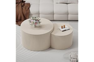 YYZIWYUN Round Nesting Coffee Table Set of 2 Modern White Fluted Coffee Table Small Round End Table Crescent Side Table Circular Coffee Tables Nested Coffee Tables for Living Room (Cream Small)