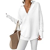 ANRABESS Womens Long Sleeve Quarter Zip Pullover Sweater Casual Loose V Neck Collared Ribbed Knit Jumper Tops Thumb Hole
