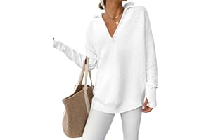 ANRABESS Womens Long Sleeve Quarter Zip Pullover Sweater Casual Loose V Neck Collared Ribbed Knit Jumper Tops Thumb Hole