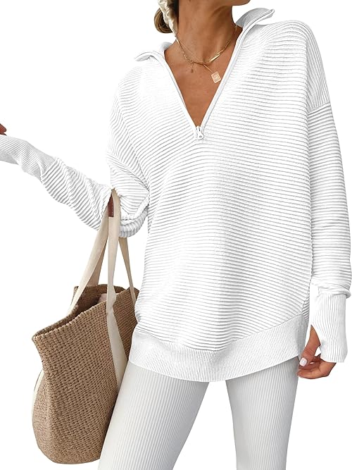 ANRABESS Womens Long Sleeve Quarter Zip Pullover Sweater Casual Loose V Neck Collared Ribbed Knit Jumper Tops Thumb Hole White Medium