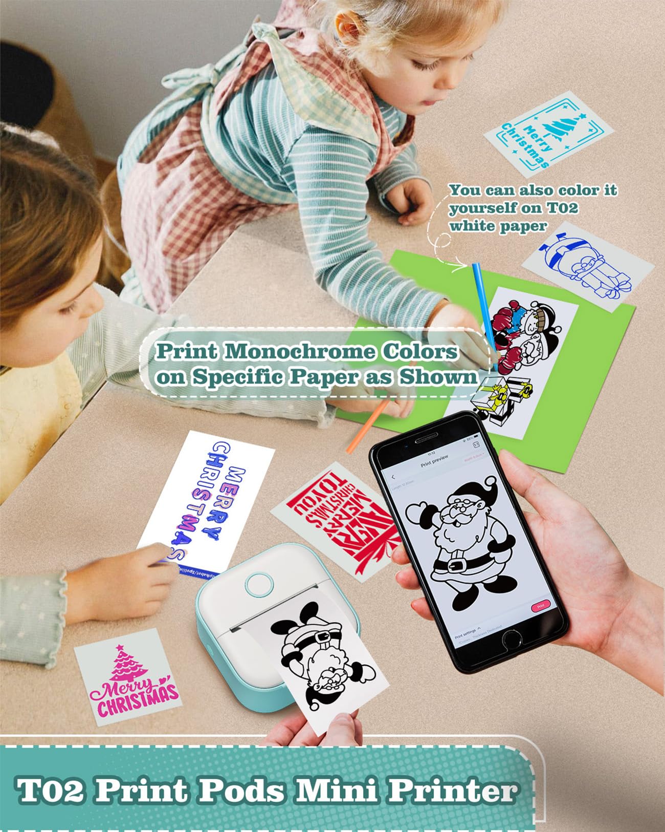 Memoking Sticker Printer - T02 Mini Printer Print Pods Portable Thermal Inkless Sticker Maker Machine Bluetooth Pocket Impresora Portátil Instant Print for Notes, Anatomical Diagrams, Journal,DIY,Gift