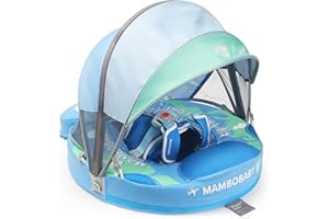 HECCEI Mambobaby Float Upgrade Add Tail Baby Float with Canopy for Infant Waist Swimming Ring Swim Trainer Non-Inflatable Floats Toys with Adjustable Safety Strap (Blue - Earth)