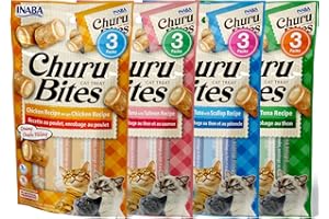INABA Churu Bites for Cats, Soft Baked Chicken Churu Filled Cat Treats with Green Tea Extract, 0.35 Ounces Each Tube, 12 Tubes Total, 4 Flavor Variety