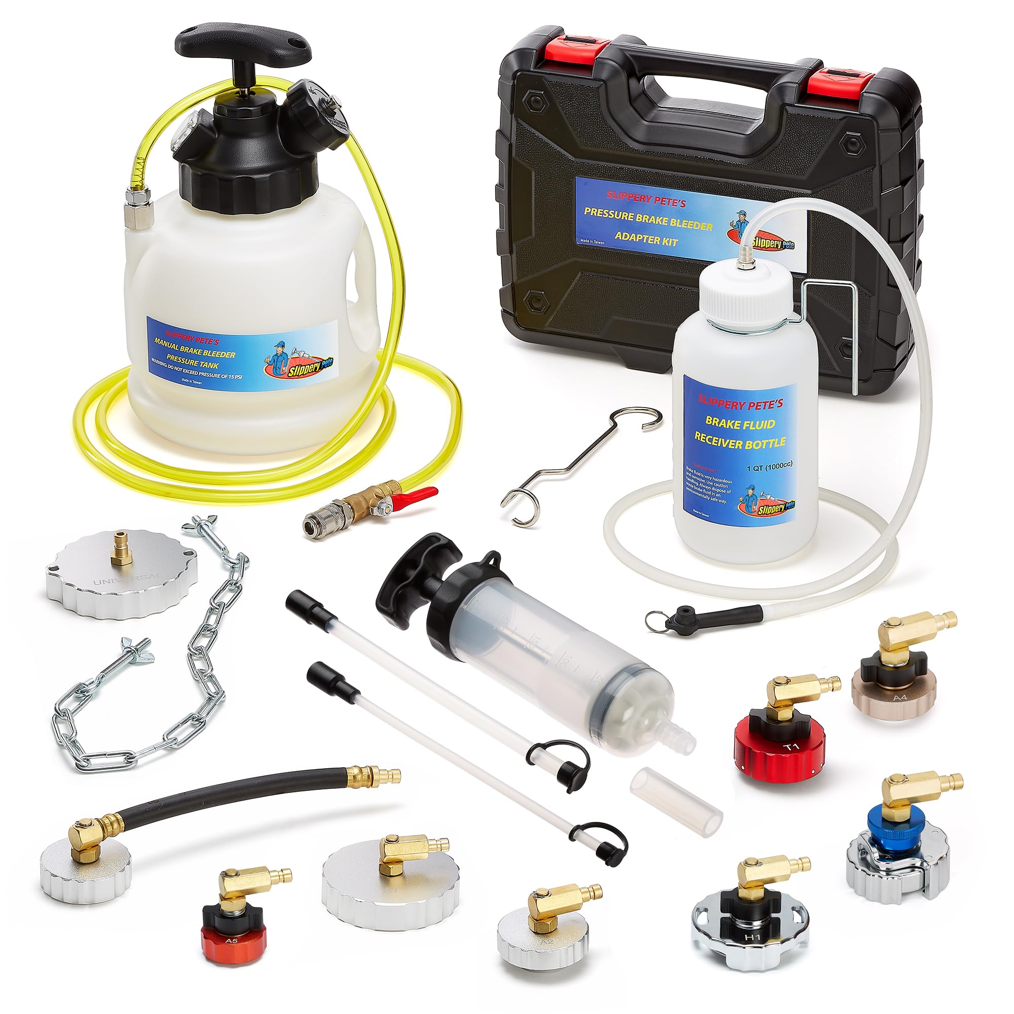 Photo 1 of Slippery Pete - Pressure Brake Fluid Bleeder Kit - Pressure Tank with Gauge, Relief Valve, Industrial Hose, Control Valve, 9 Metal Master Cylinder Reservoir Adapters, Receiver Bottle, Extractor Pump