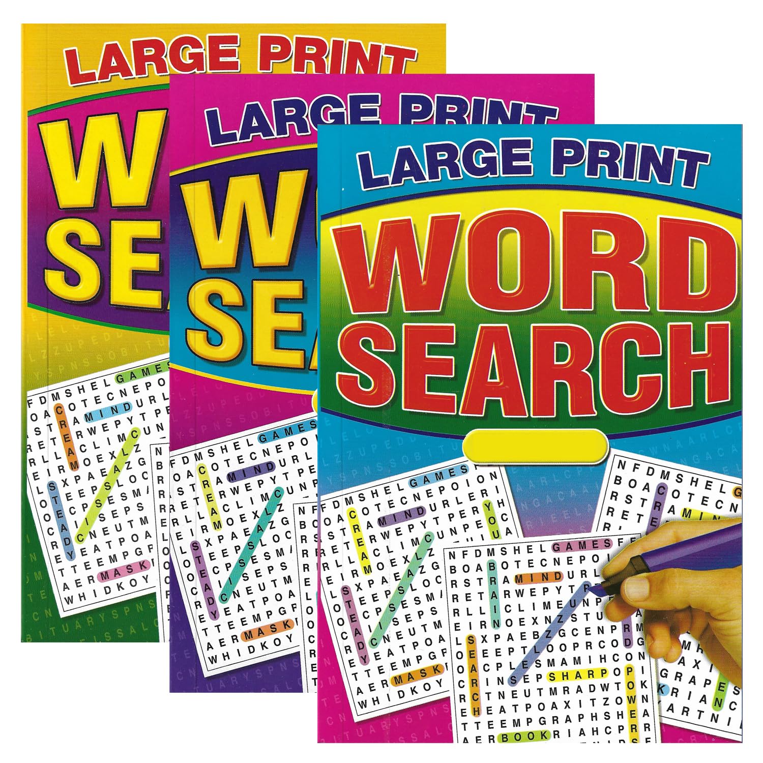 WF Graham Pack of 3 Assorted A5 Large Print Word Search Books for Adults | Travel Games Puzzle Books for Adults | Word Games and Word Puzzles, Gifts for Partially Sighted People