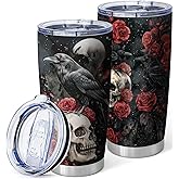 Equoza Halloween Skull and Raven Tumbler, 20oz Insulated Stainless Steel Coffee Travel Mug with Lid, Gothic Horror Cup for Women Men, Funny Spooky Tumbler for Her