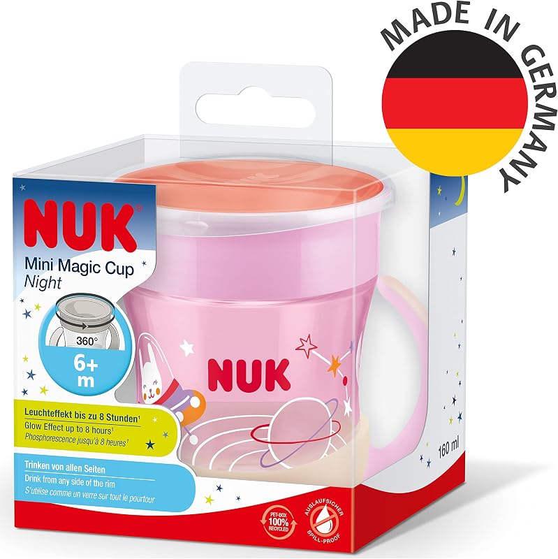 Mini copo Magic Cup Night com tampa | +6 meses | 160 ml | Borda à prova de derrames de 360° para beber de qualquer lugar | Brilho no escuro | Sem BPA | Coelho (rosa)