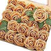 Higfra Artificial Flowers 25pcs Real Looking Gold Foam Fake Roses with Stems for DIY Wedding Bouquets White Bridal Shower Centerpieces Arrangements Mothers Day Party Tables Decorations