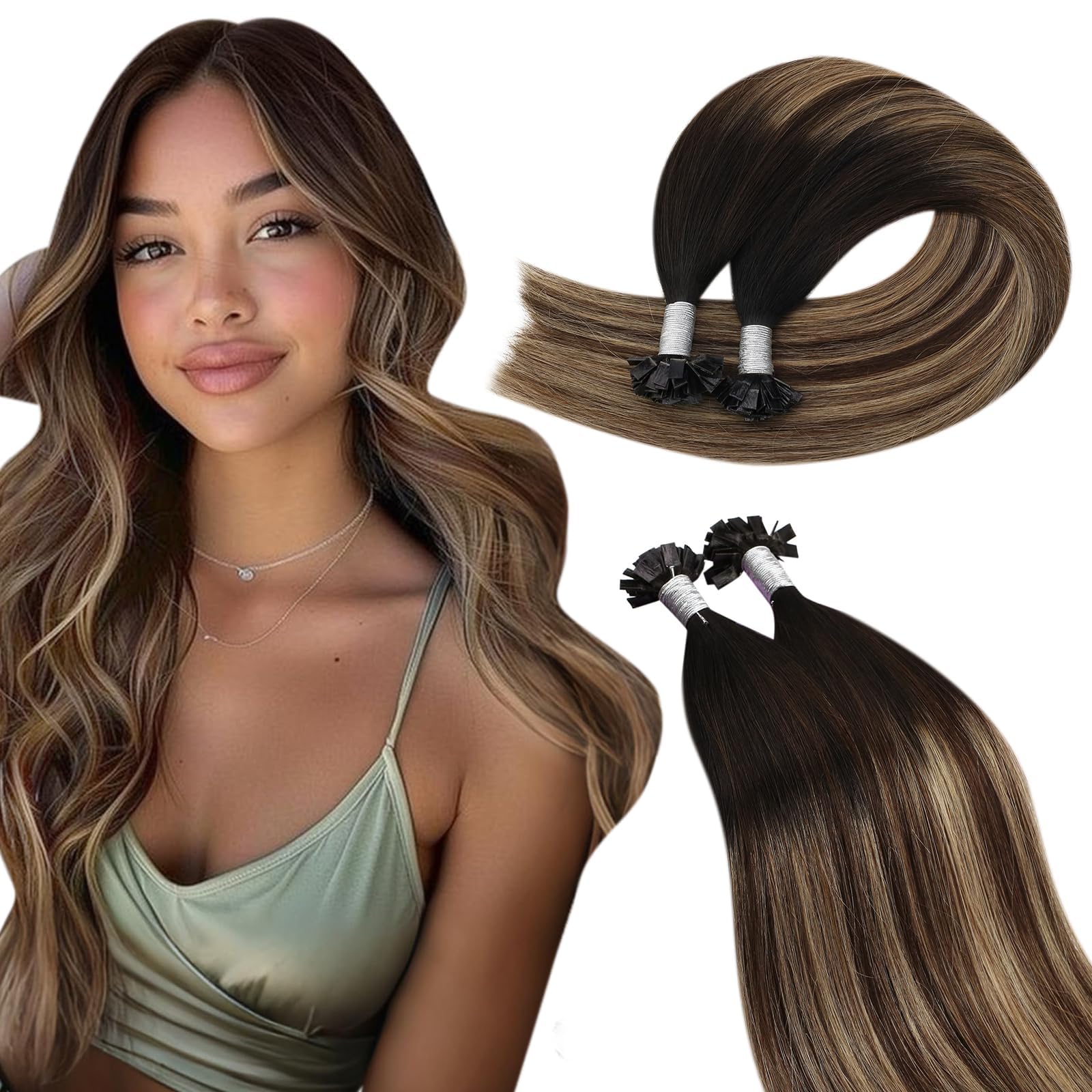 Ugeat Balayage Keratin Hair Extensions Real Human Hair Natural Black Flat Tip Hair Extensions Brown Mix Caramel Blonde 14 Inch Hot Fusion No Damage For Women 50g 50s #1B/4/27