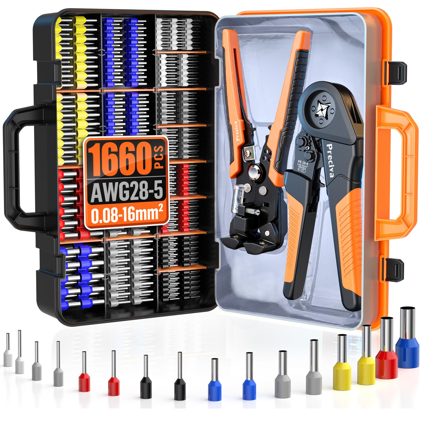 Crimpzangen Aderendhülsen Set, Preciva 0.08-16mm² Aderendhülsenzange Vierkant Crimpzange Presszange mit Aufbewahrungsbox, Abisolierzange und 1660 Stück Einzeilige Aderendhülsen