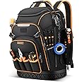 Tool Bag Backpack Heavy Duty, HVAC Tool Bags for Men with Molded Base, Electrician Back Pack for Construction Jobsite Work, Large Tools Organizer Storage with Combination Lock, Black