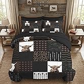 WeCozy 7 Pcs Queen Size Comforter Set with 2 Pillowcases & 2 Shams, Highland Cow Animal Bedding for Kids and Adults, Brown Farm Vintage Print Bed in a Bag with Flat Fitted Sheet