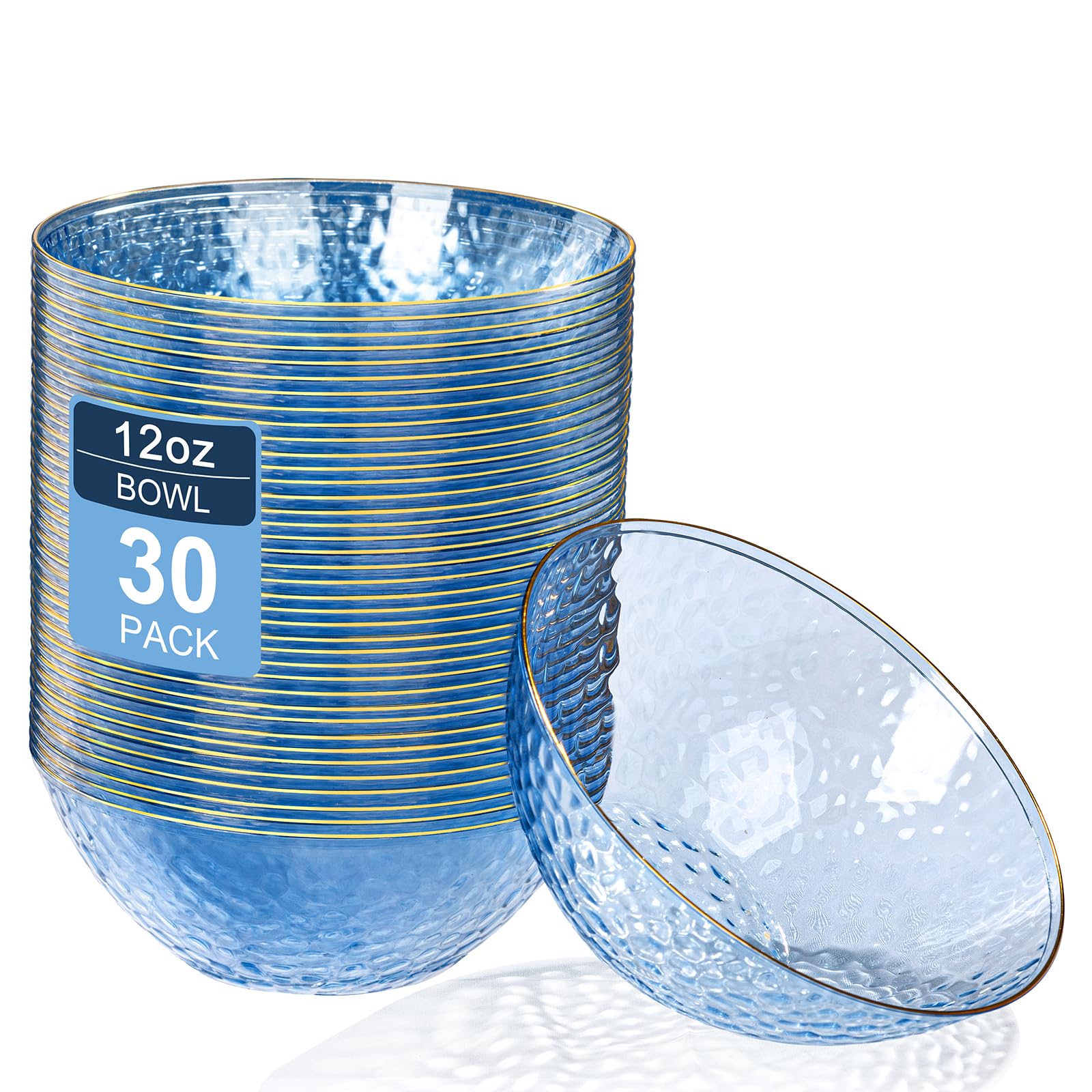 Photo 1 of Rubtlamp 30 Pack Blue Disposable Bowls, Clear Plastic Bowls with Gold Rim, 12-16oz Premium Heavy Duty Plastic Dinner Bowls for Party, Wedding and Holiday