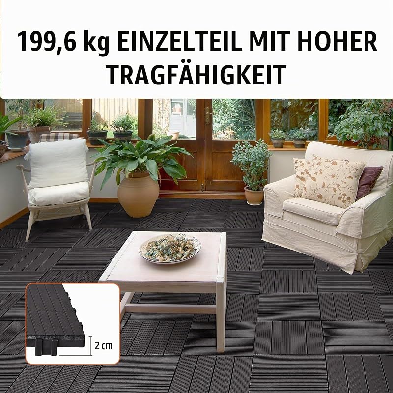 Terrassenfliesen, 36er-Set, Balkonfliesen 30x30cm, Klickfliesen, wasserdichter Kunststoff-Bodenbelag für den Außenbereich, Terrassenbodenbelag für Veranda, Pool, Balkon, Hinterhof, Dunkelbraun