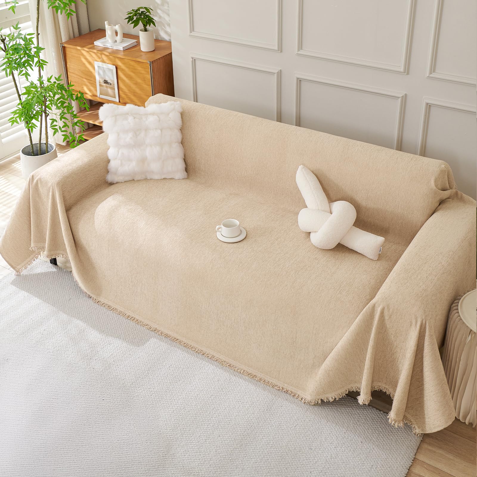 Royhom Chenille Sofa Covers 2 Seater, Corner Sofa Cover L Shape, Washable Couch Cover with Tassel, Soft Couch Covers for Dogs, Breathable, All-season Universal (Khaki, 180x260cm)