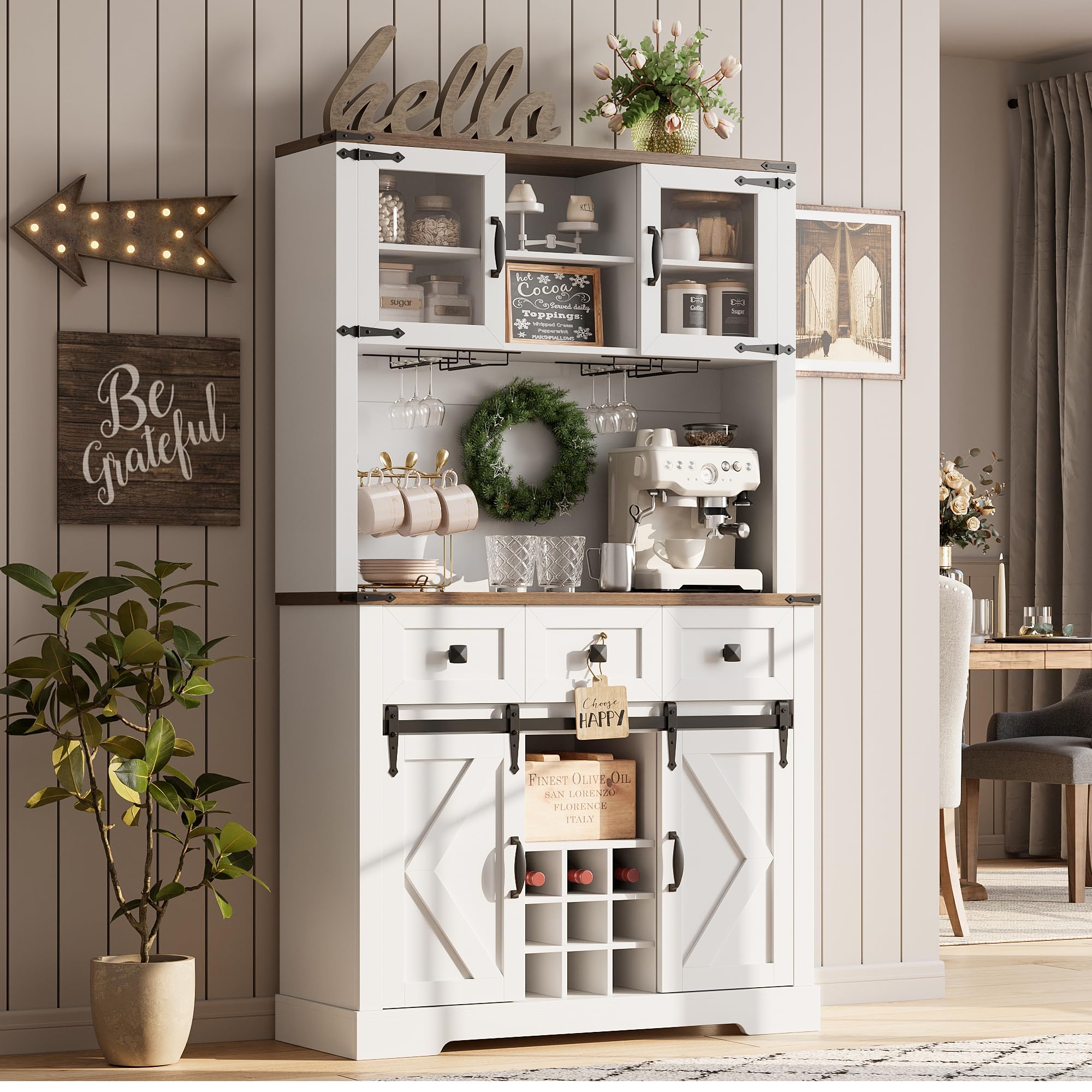 View 1 of ***A BOX OR MORE IS MISSING*ONLY PART OF ITEM INCLUDED***
72 in Farmhouse Bar Cabinet with Sliding Barn Door, Tall Kitchen Buffet with Storage Hutch and 3 Drawer, Rustic Coffee Wine Bar Sideboard with Wine & Glasses Rack, for Living Room, Pure White***A B