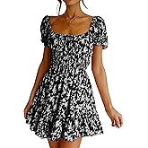 Imily Bela Womens Summer Dress Ruffle Sleeve Sqaure Neck Smocked Sun Dress Casual Boho Beach Floral Mini Dress