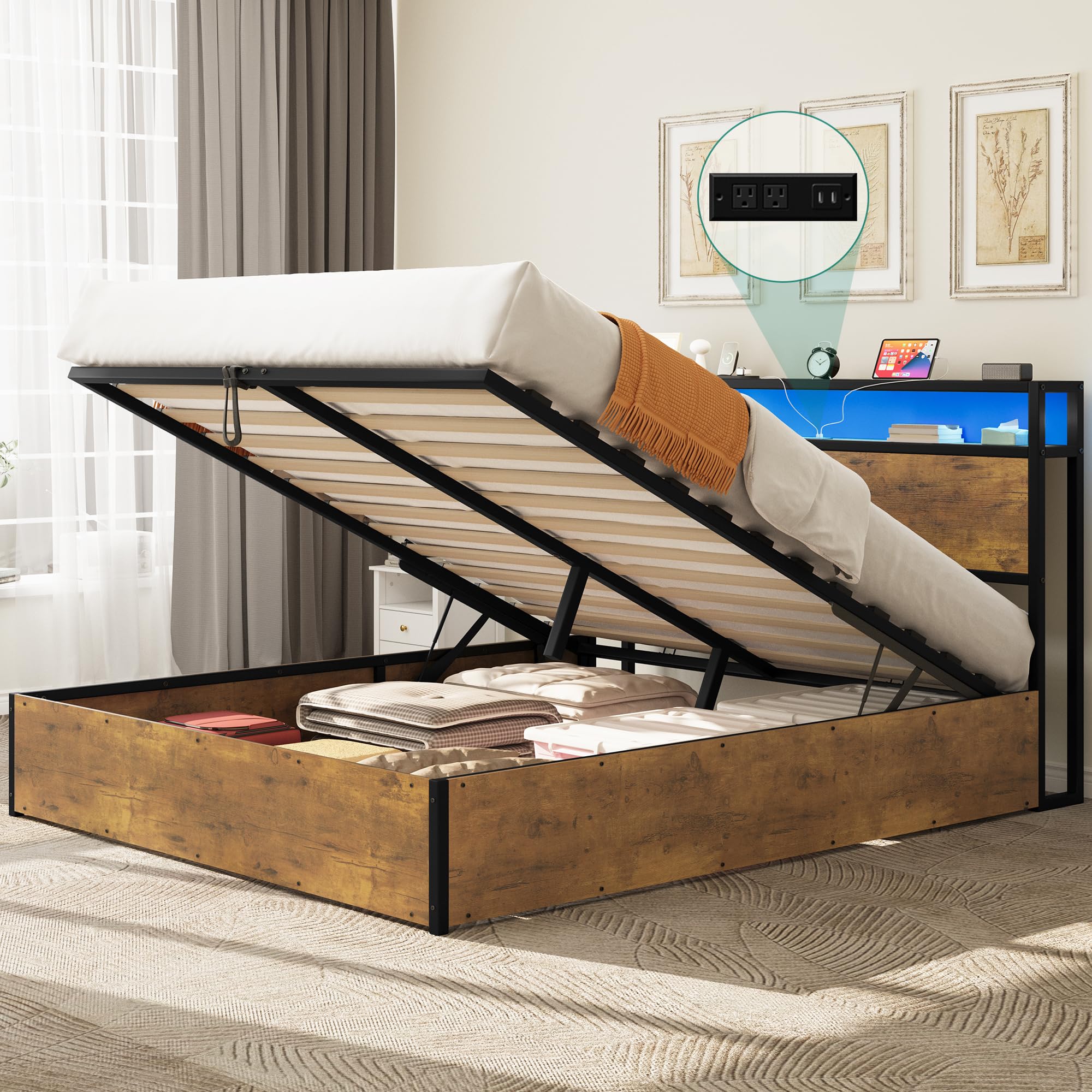 Photo 1 of ** VERY USED/ DAMAGE MINOR ** ** YITAHOME Queen Size Bed Frame with Lift Up Storage, Bed Frame Queen Size with 2-Tier Storage Headboard, LED Platform Bed with Charging Station, No Spring Box Needed, Rustic Brown