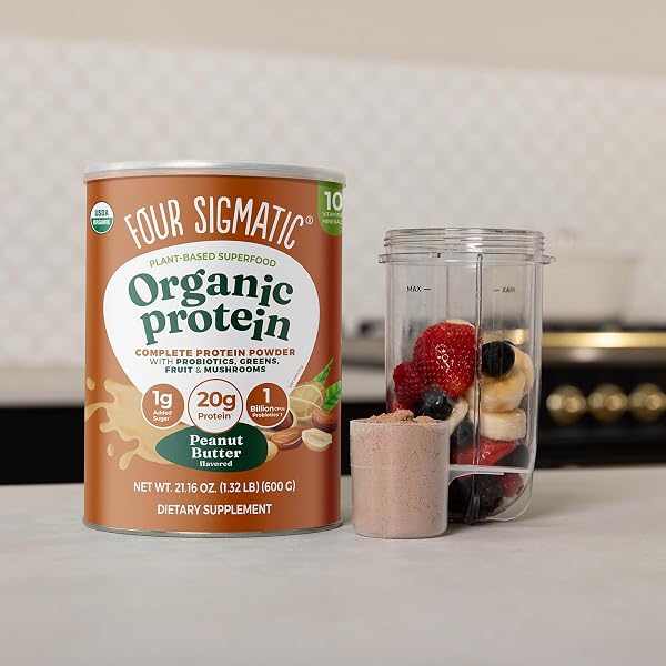 FOUR SIGMATIC ORGANIC PLANT-BASED PROTEIN POWDER | CLEAN VEGAN PROTEIN ELEVATED WITH LION’S MANE, CHAGA, CORDYCEPS AND MORE FOR BRAIN FUNCTION AND IMMUNE SUPPORT | PEANUT BUTTER, 21.16 OZ