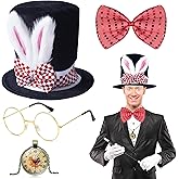 Hikkcos White Rabbit Costume Set Mad Hatter Hat Rabbits Ears Topper Plush Hat for Halloween Easter Accessories Set