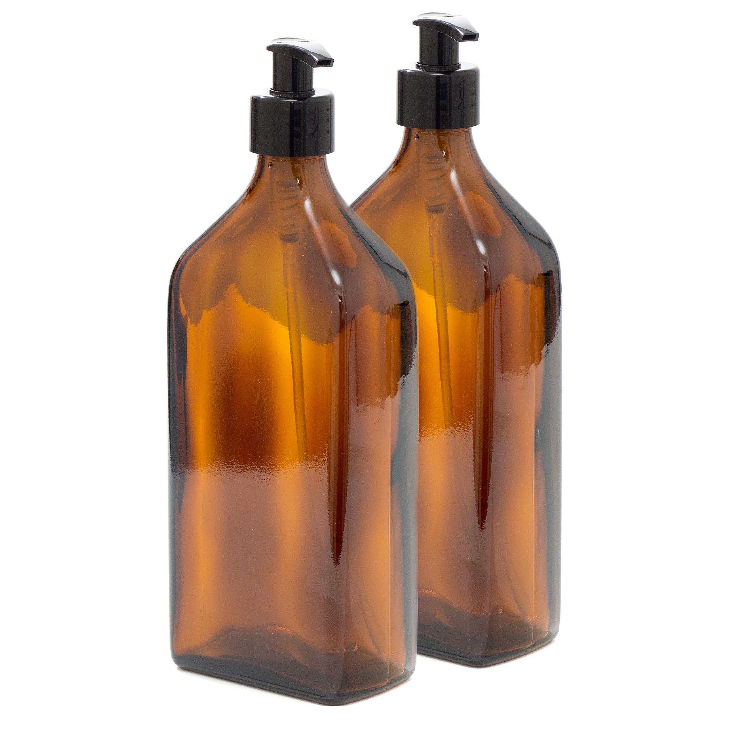 Aura 500ml RECTANGULAR Amber Glass Bottles with BLACK Pumps - PACK of 2