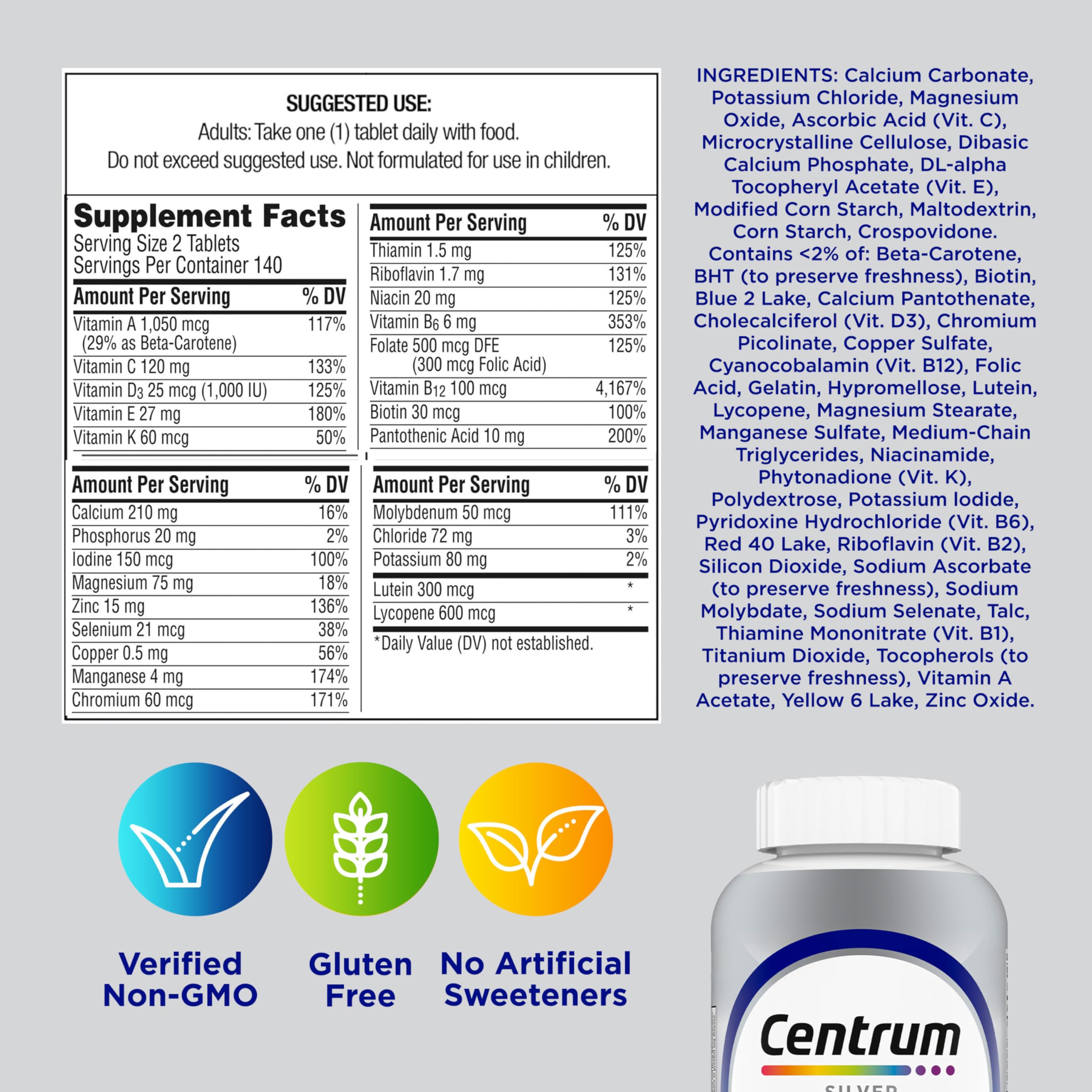 Centrum Silver Men's 50+ Multivitamin with Vitamin D3, B-Vitamins, Zinc for Memory and Cognition - 200 Tablets
