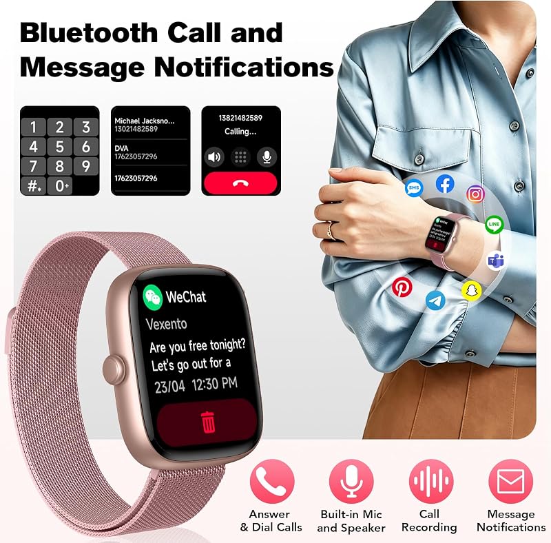 Smartwatch Damen mit 2 Armbänder, 1.83" HD Smart Watch mit Bluetooth-Anruf, IP68 Fitnessuhr Damen mit SpO2, Pulsmesser, Schlafmonitor, Stressüberwachung, Schrittzähler, 120+ Sportmodi — Foto 2 von 8