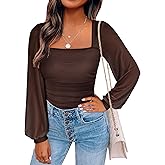 ANRABESS Womens Square Neck Mesh Long Sleeve Tops Double Lined Dressy Business Casual Blouses Shirts 2025 Fall Outfits