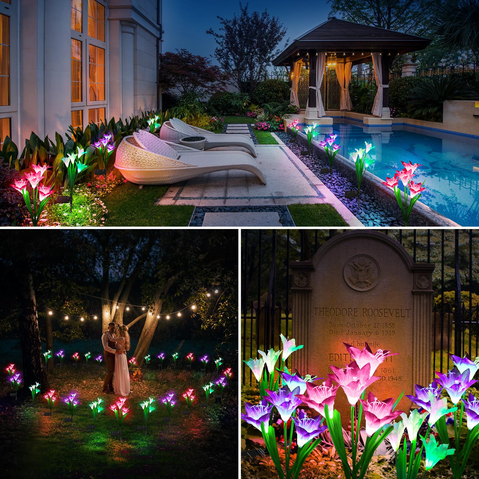 KOOPER Outdoor Solar Lights, 4 Pack Solar Garden Light with Bigger Lily Flowers, Waterproof 7 Color Changing Solar Lights Outdoor - Bigger Panel for Patio Yard Garden Decoration, Gift for Mom