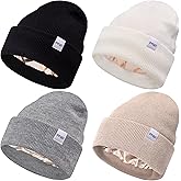 FEQO 4 Pack Satin Lined Beanie Hats Soft Silk Lined Beanies Knit Warm Cuffed Hats for Women Men