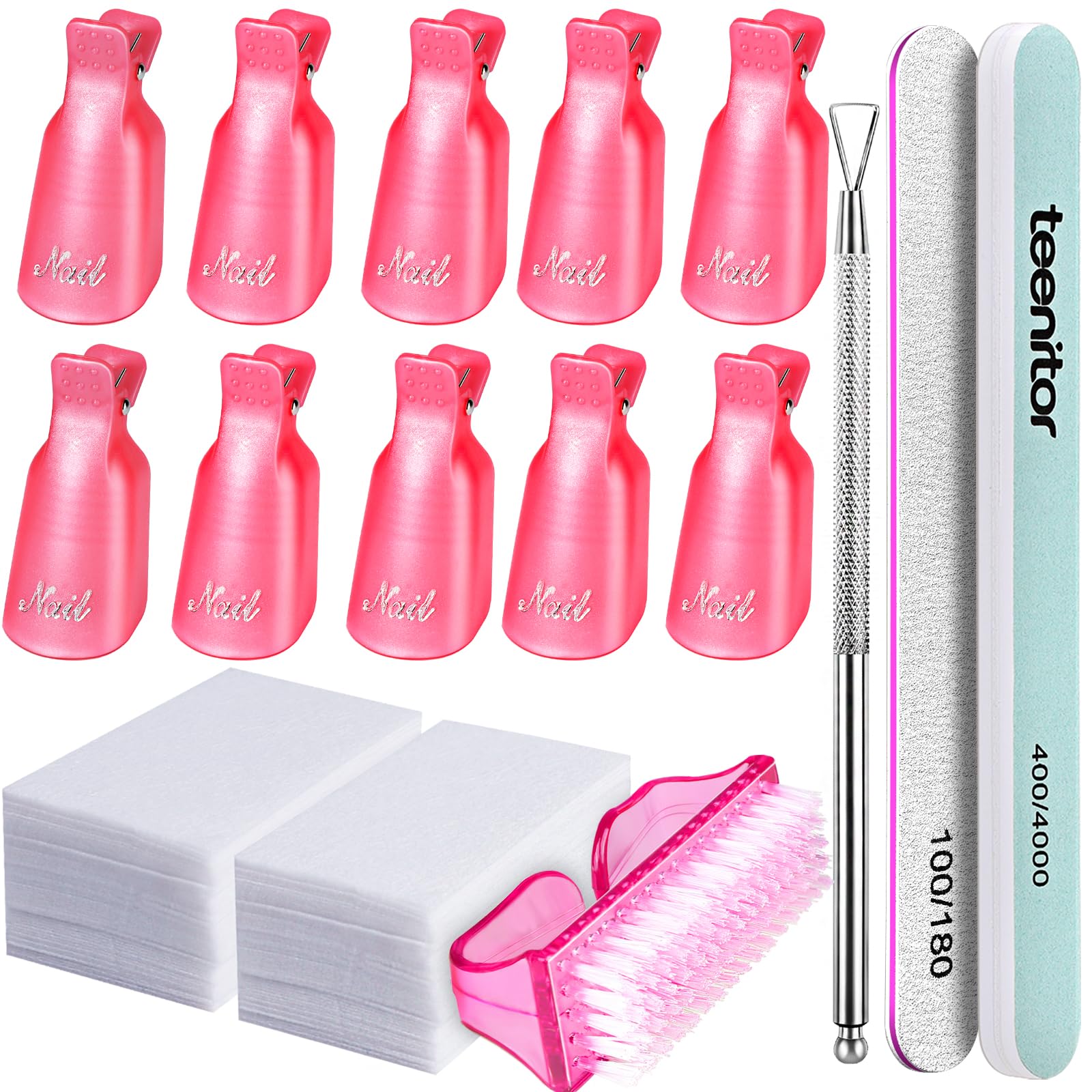 Teenitor Nail Gel Remover Tools Kit with Polish Remover Clips, Cuticle Peeler Scraper, Gel Nail Brush, Nail Wipe Cotton Pads, Nail File Grits 100/180 Buffer Block Grits 400/4000, Pink