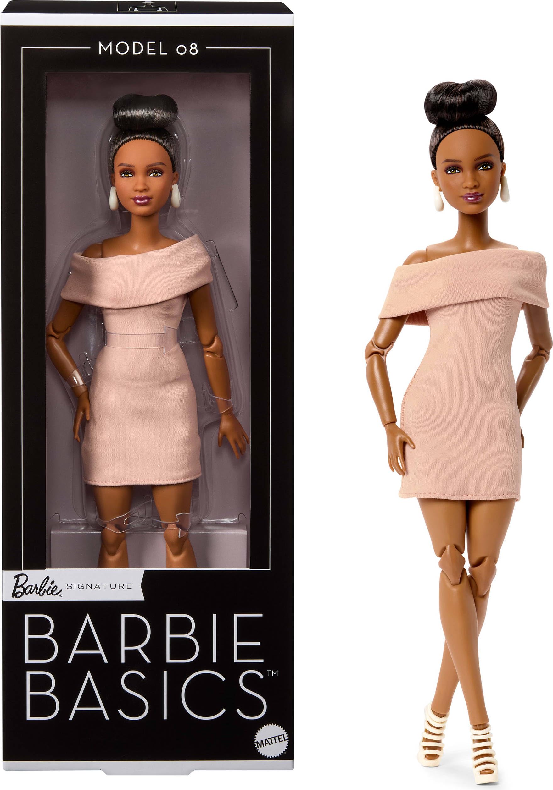 Barbie Basics Model Collector Fashion Doll 08 with Brunette Hair in Tan Dress & Strappy Heels, Universal-fit Fashions & Posable Body