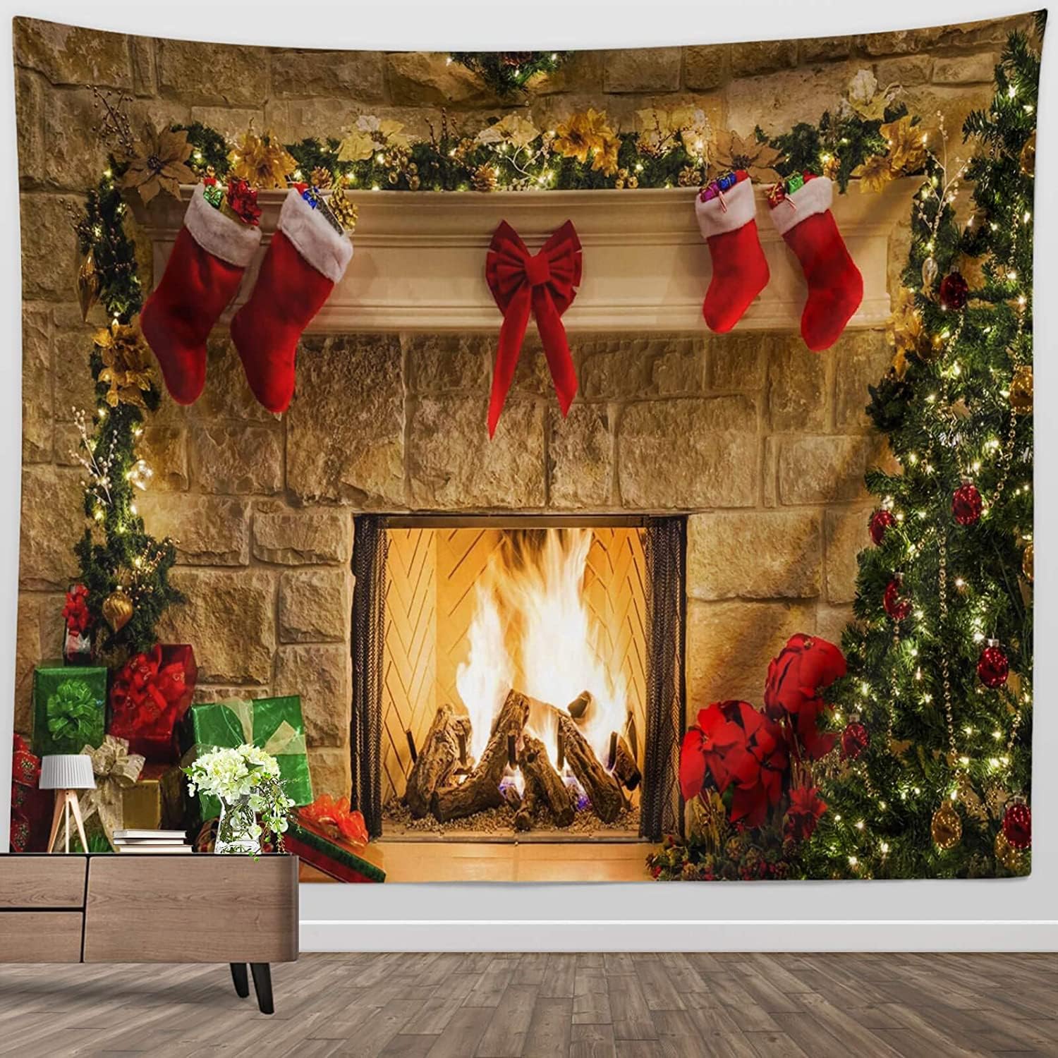 Tapestries - BROSHAN Christmas Room Tapestries Small, Christmas Wall Tapestry Xmas Tree Fireplace Stocking Tapastry Wall Hanging for Christmas Home Dorm Office Wall Decoration Christmas Party Photo Backdrop