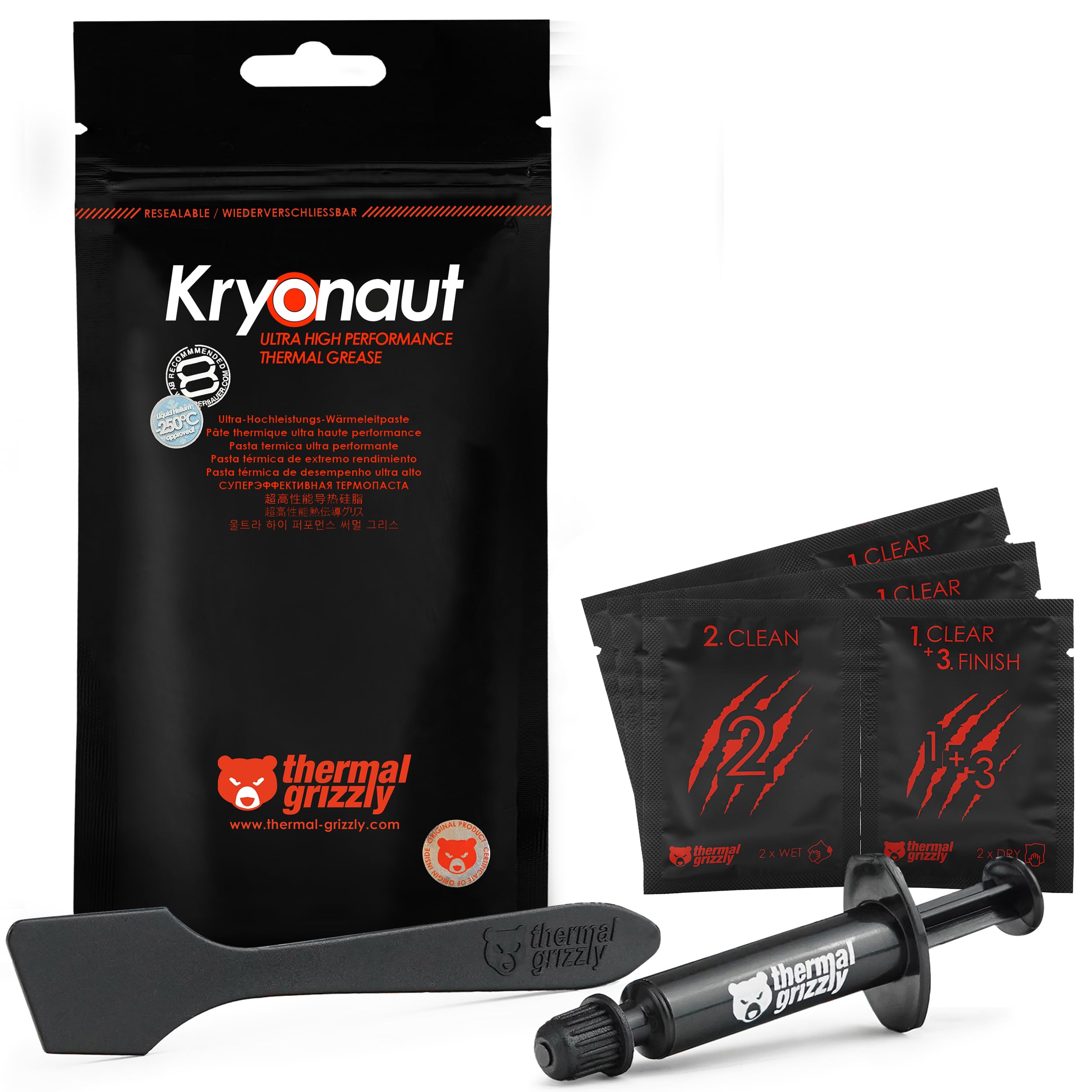Thermal Grizzly Kryonaut - 1 Gram - Extremely High Performance Thermal Paste + 12 Cleaning Wipes 6 Wet & 6 Dry - for Demanding Applications and Overclocking CPU/GPU/PS4/PS5/Xbox