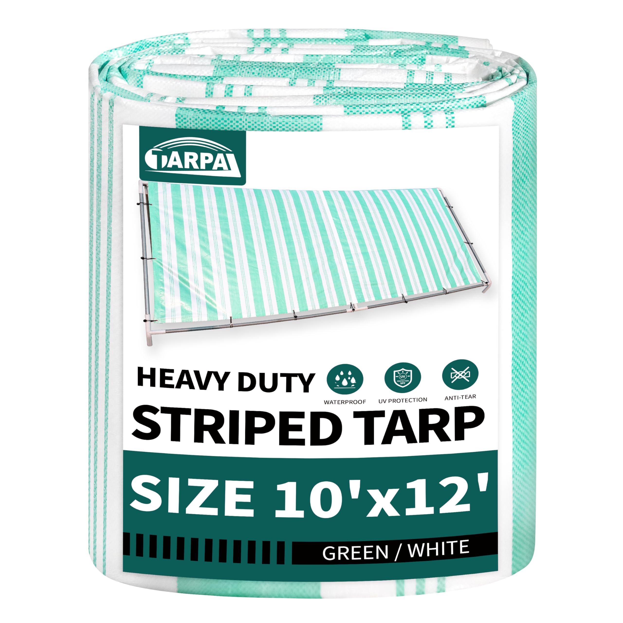 TARPAL Heavy Duty Poly Tarp 10x12 Feet 12mil Striped tarp Multipurpose Protective Cover Durable, Waterproof, Weather Proof, UV,Rip and Tear Proof（Green/White） Image
