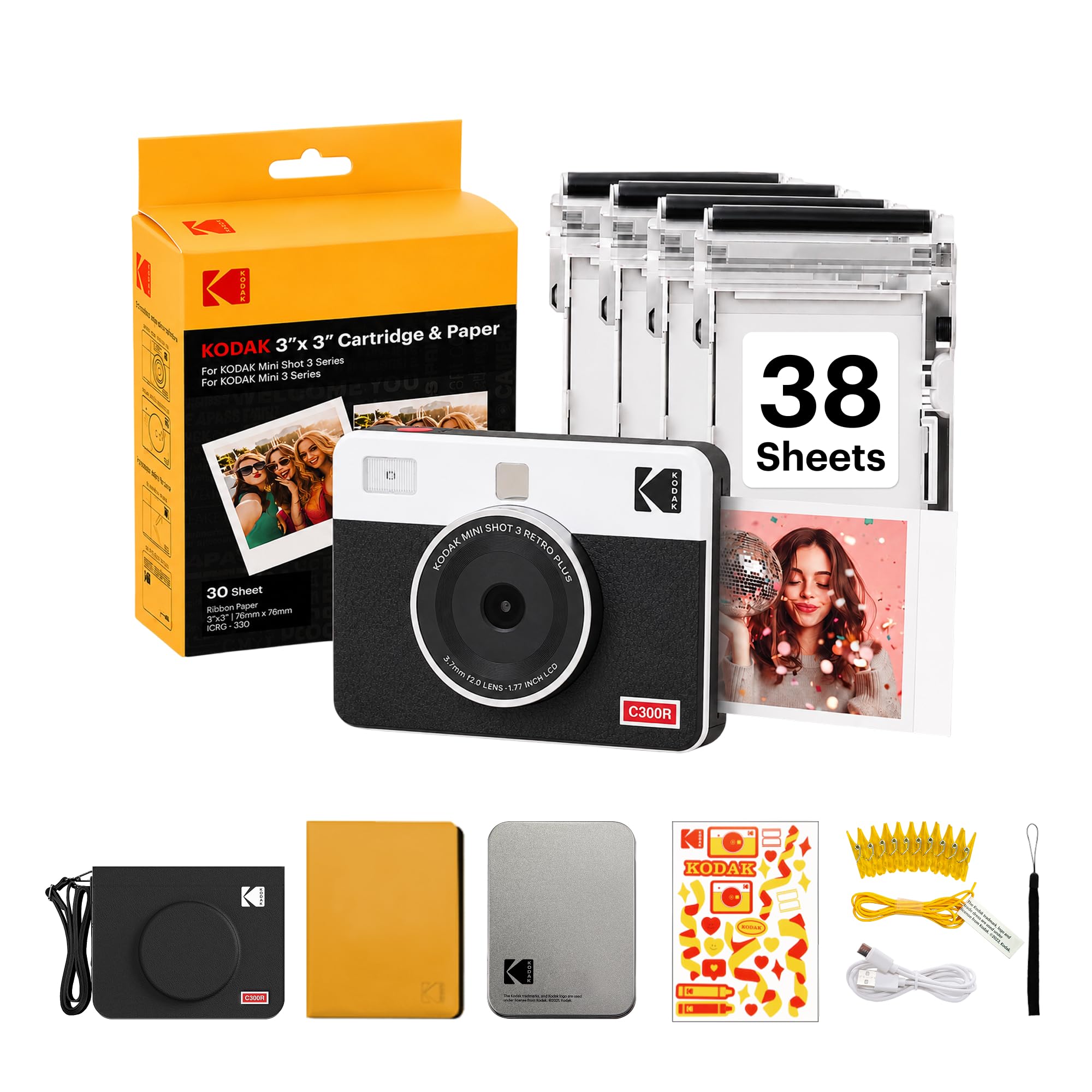 Cámara instantánea KODAK Mini Shot 3 Retro 3x3, paquete de regalo de 38 hojas, color blanco