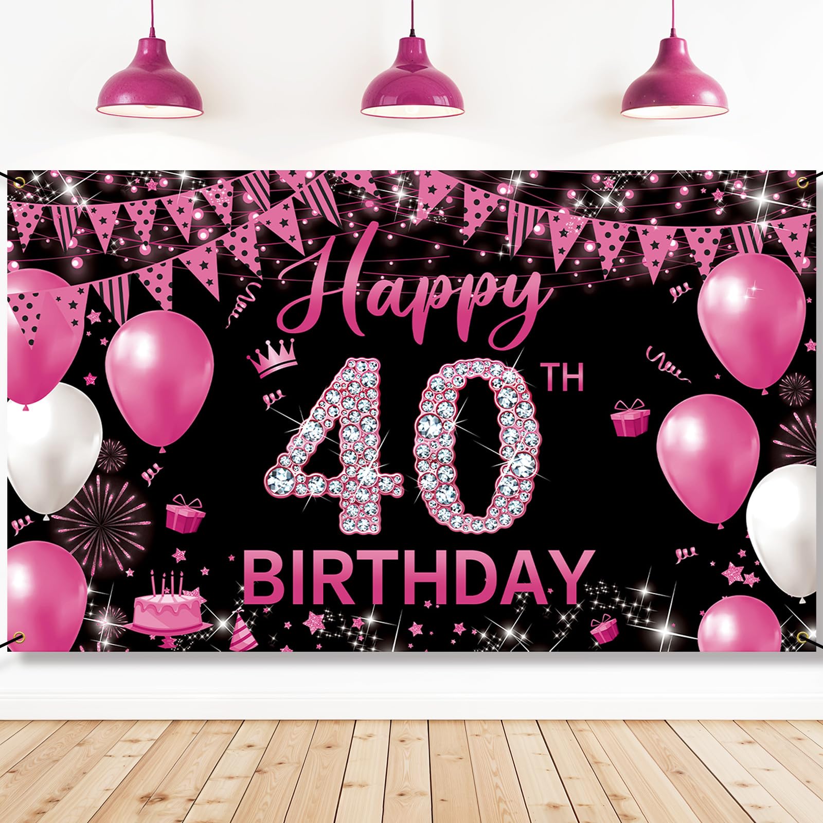 Photo 1 of PHXEY Fabric 40th Birthday Banner Backdrop Hot Pink, Happy 40th Birthday Decoration for Women, 40 Year Old Birthday Party Yard Sign Photo Props Decor Supplies, Indoor Outdoor(6.1 x 3.6ft)