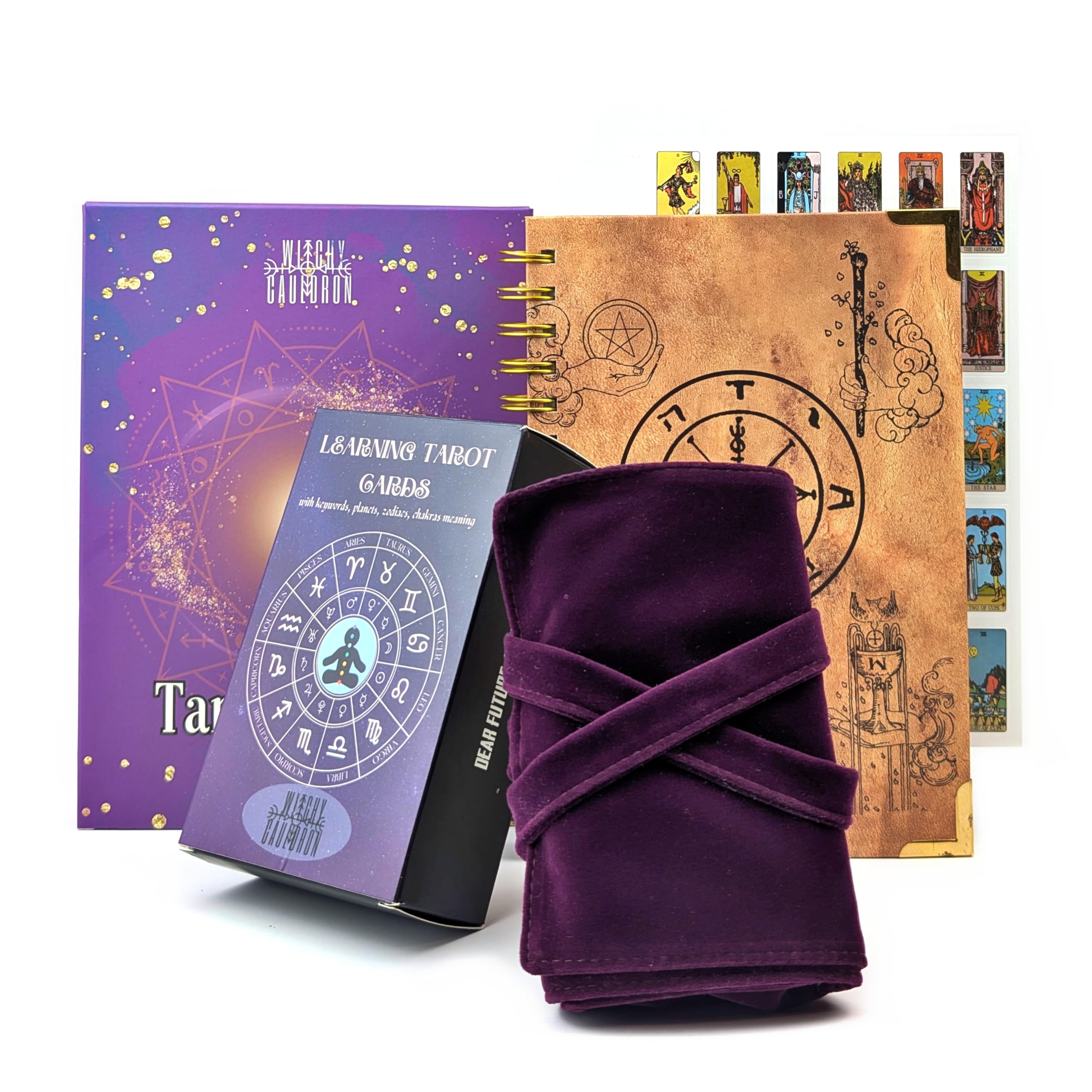 Witchy Cauldron Tarot Learning Set for Beginners: Learning Cards for Beginners, Satin Deck Holder and Journal for with Raider Waite (Purple)