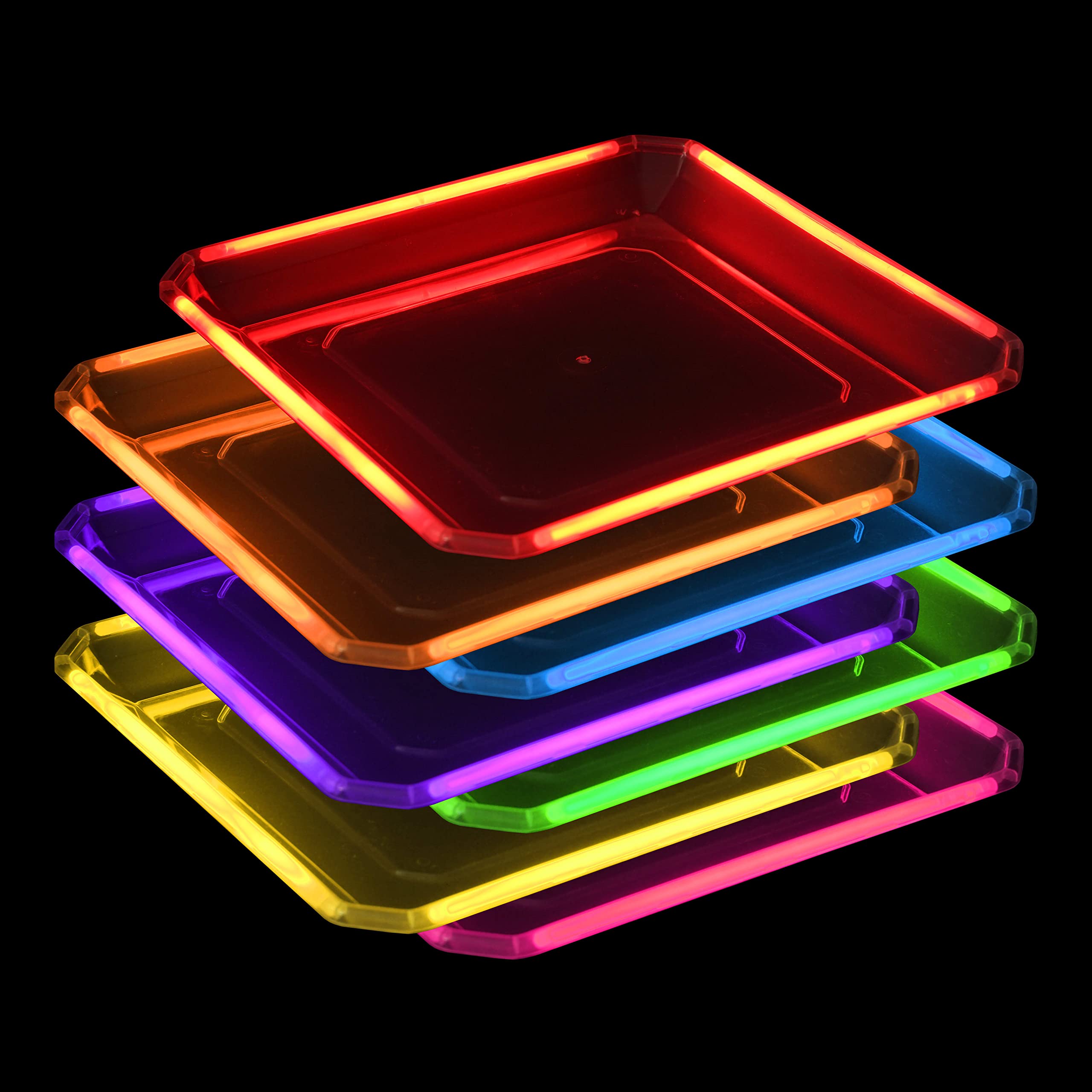 NEON GLOW PARTY PLATES REUSABLE 10-Inch Square Blacklight Party Glow party Glow Party Decorations Favors Glow Sticks Light Up Plates Tableware
