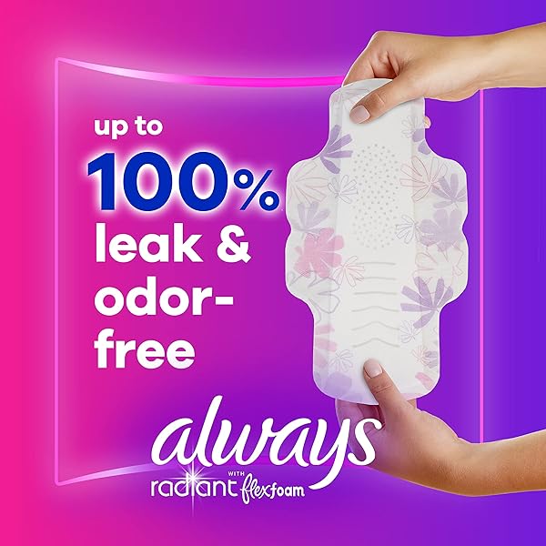 ALWAYS RADIANT FEMININE PADS FOR WOMEN, FLEXFOAM PADS WITH WINGS, SIZE 2, HEAVY ABSORBENCY, LIGHTLY SCENTED, 36 COUNT