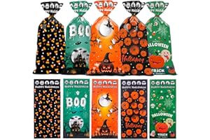 Muswarm Halloween Treat Bags, 100pc Trick or Treat Cellophane Candy Bags with Twist Ties, Snacks, Cookies,Goodie Packing, Party Supplies