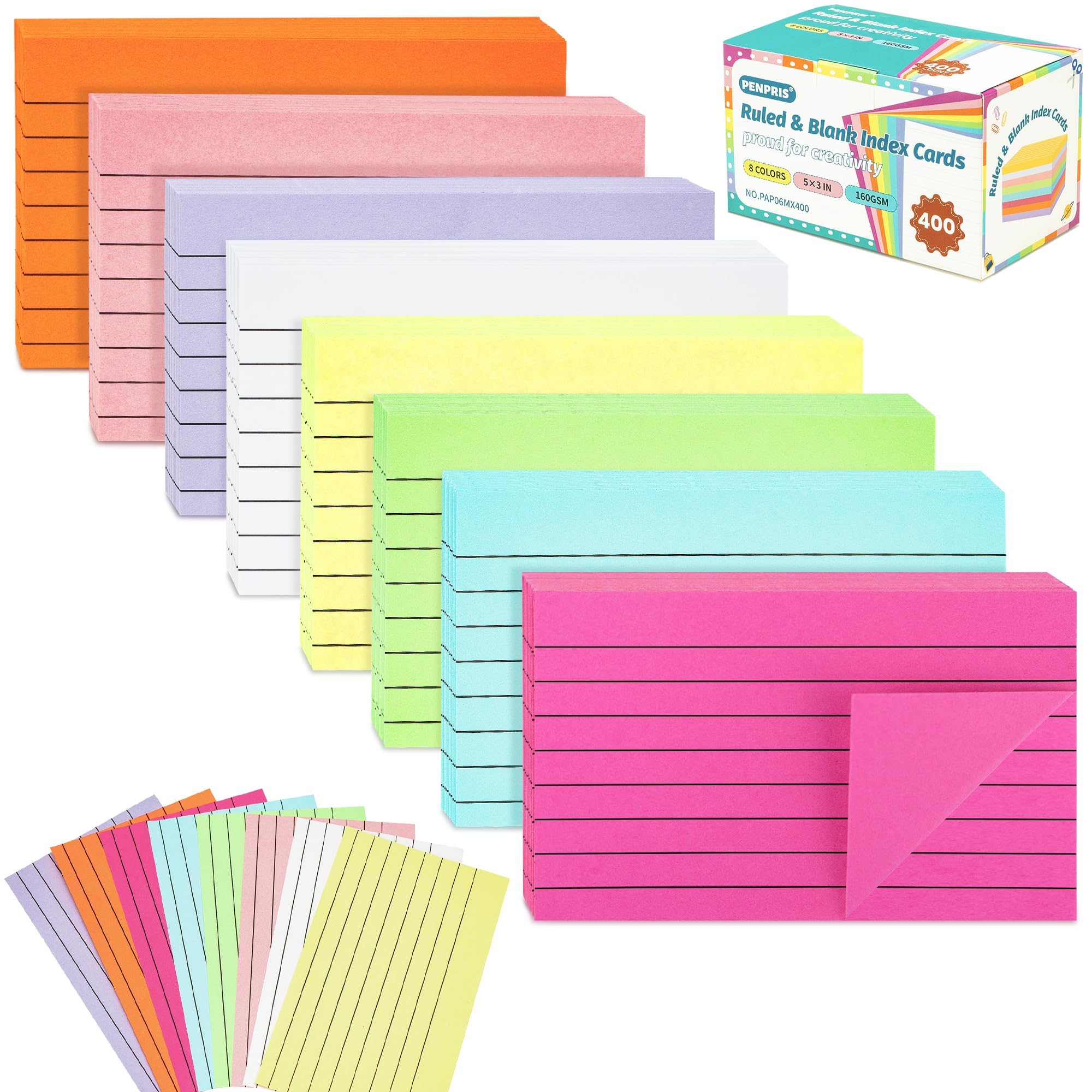 400PCS Colored Index Cards - 8 Colours 8 Sets 5"x3" One Side Lined One Side Blank - Revision/Record/Flash Note/Study Cards/Memo Scratch Pads/to Do List for Office School Home PAP06MX400