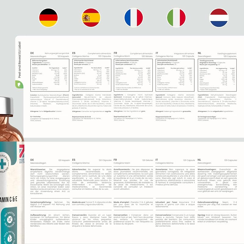 Collagene Marino con Acido Ialuronico 2450mg | 120 Capsule | Peptidi di Collagene Idrolizzato con Vitamina C, E, B2, Biotina, Zinco, Rame | Biotina e Zinco per Pelle e Capelli | VitaBright