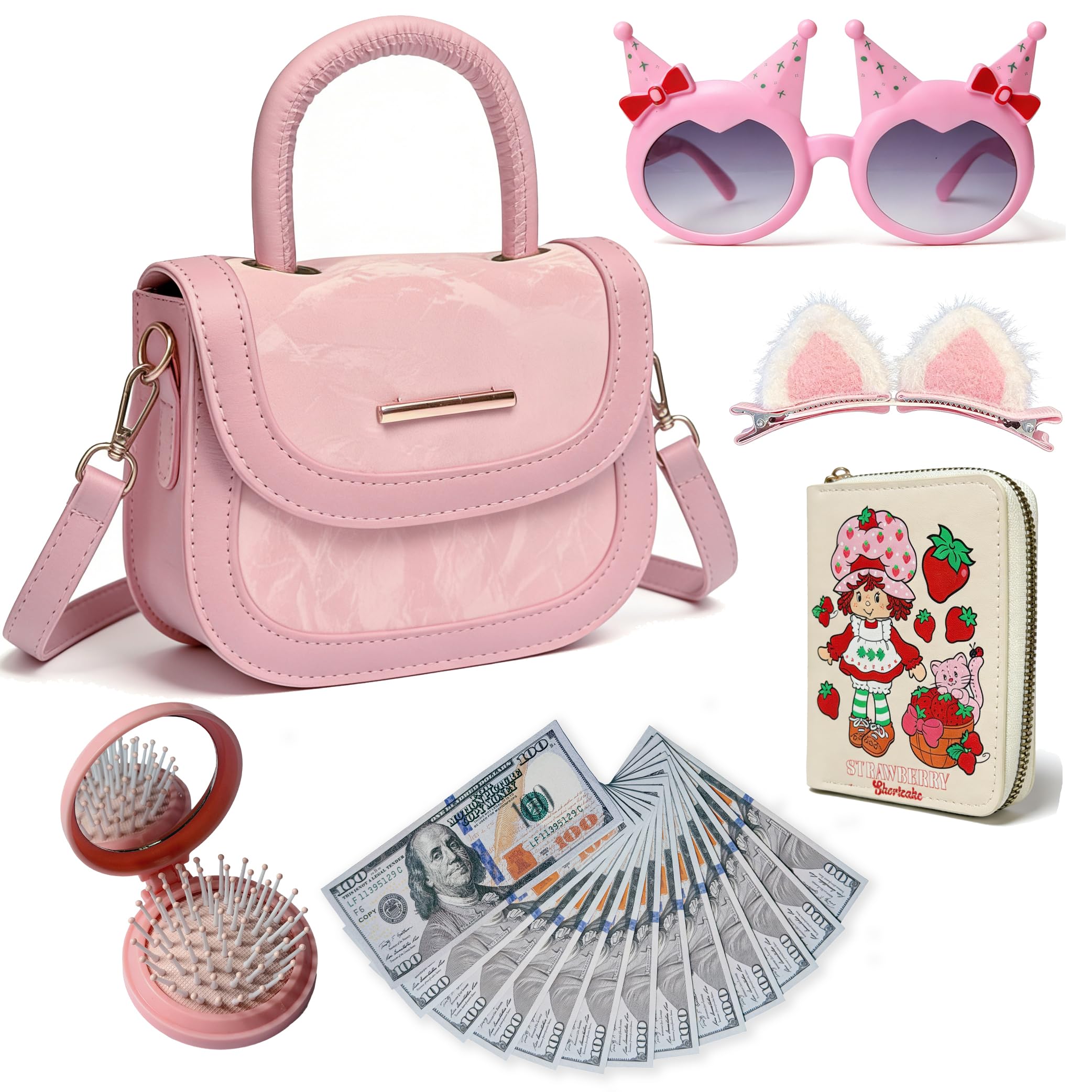 Play Purse for Little Girls 4 5 6 7 8 +,Toddler Purse with Pretend Makeup for Girls,Princess Toys Within Crossbody Bag, Wallet, Hairpin, Sunglasses,Kids Toy Purse Easter Birthday Gift Toys for Kids