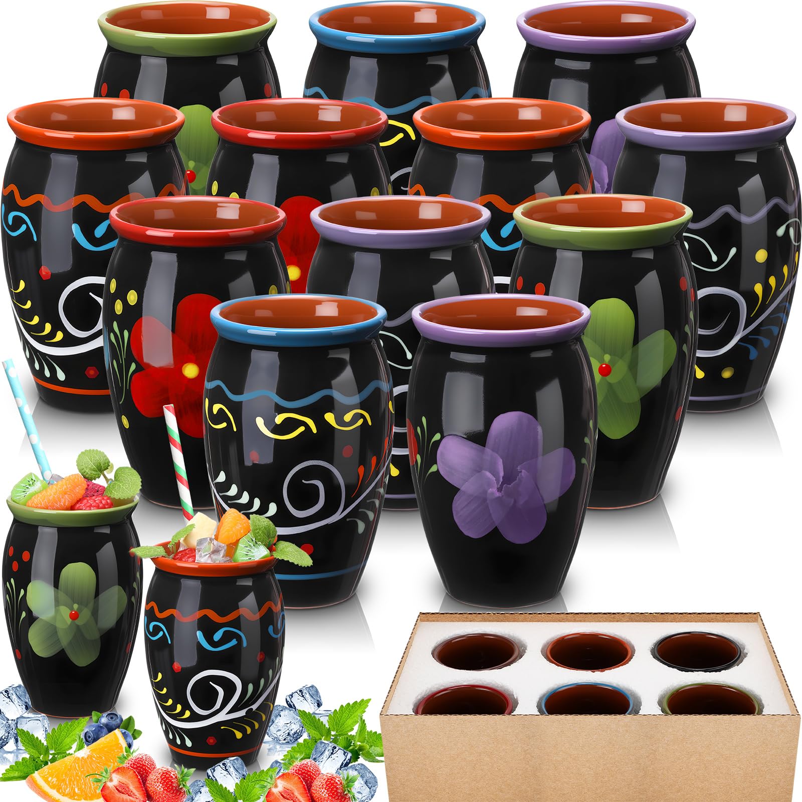 Gejoy Pack of 12 12oz Cantaritos de Barro Mexicanos Mexican Clay Cup