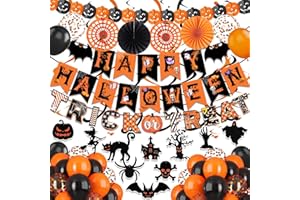 FECEDY Happy Halloween Trick or Treat Banner Paper Fan Balloons & Swirl Streamers Goul Bat Cat Bird Ghost Pumpkin Lantern for Party Decorations