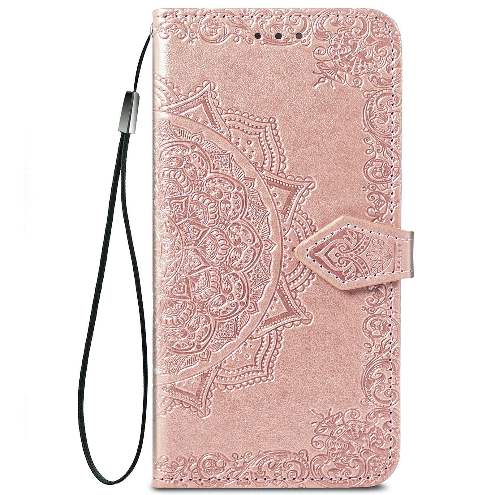 COMAKU Mandala Honor X7b Folio Case, Premium PU Leather Cover with Card & Cash Slots - Rose Gold