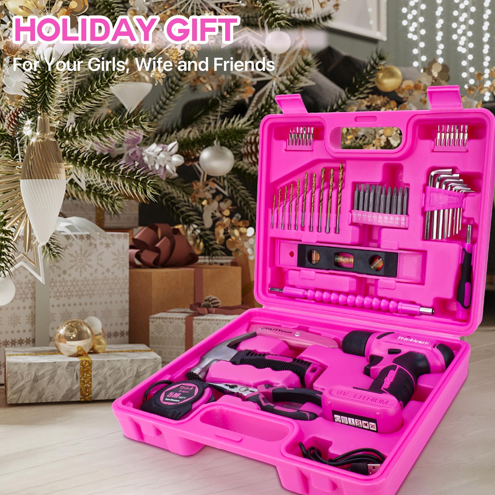 8V Pink Cordless Drill Set, 64 Pcs Pink Power Drill Tool Kit for Women, 3/8